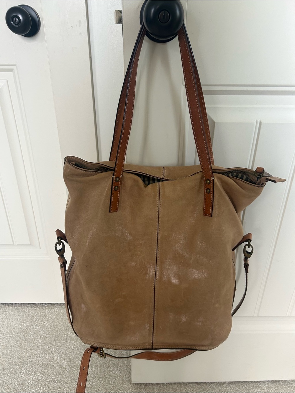 Classic Tan Leather Tote with Brown Contrast Straps